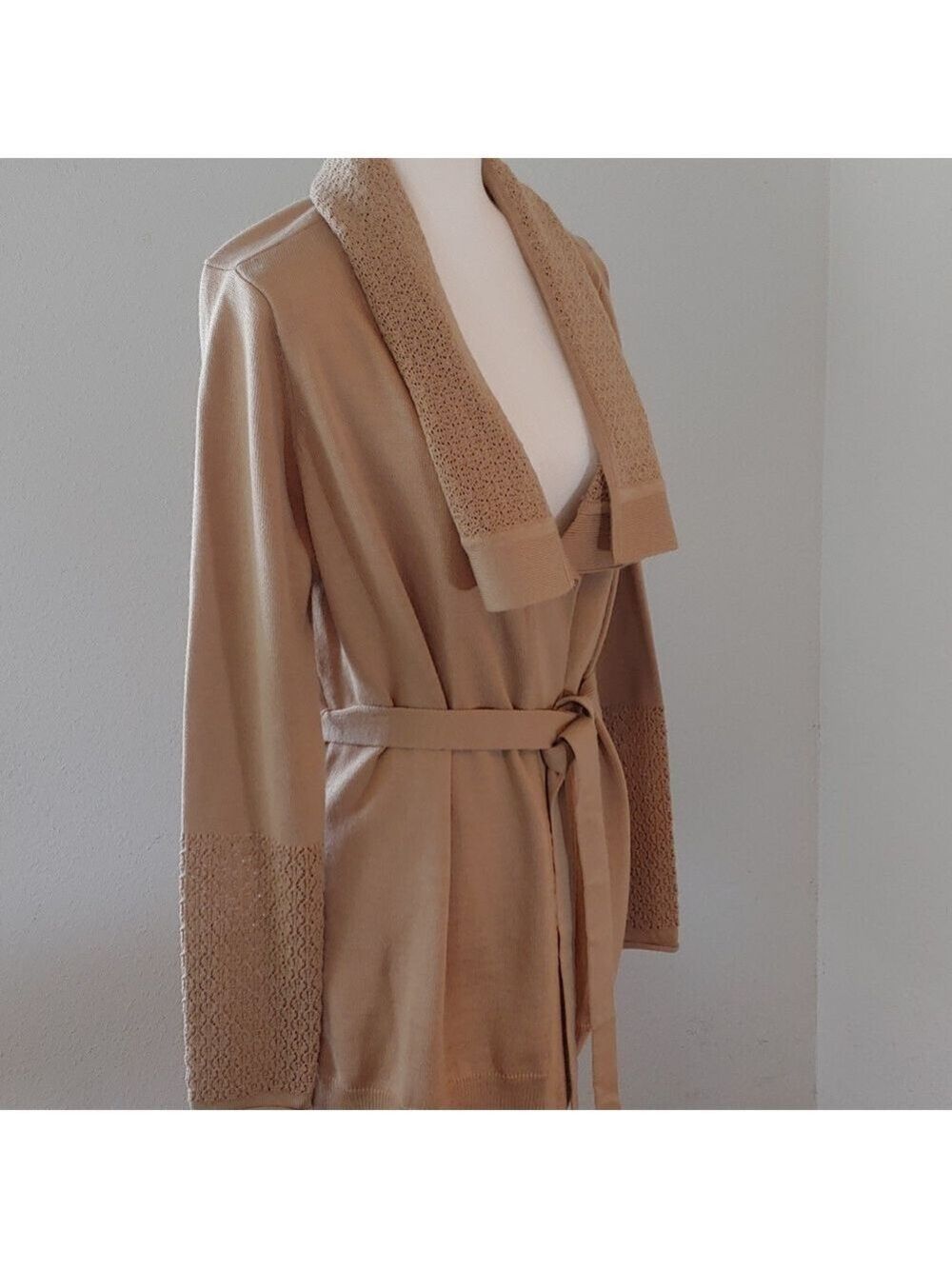 Calvin Klein Belted Wool Blend Wrap Cardigan Coat in Camel Tan Women's Large - Picture 10 of 16